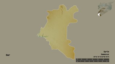 Suriye eyaleti Dar 'ın şekli, başkenti sağlam bir zemin üzerinde izole edilmiş. Uzaklık ölçeği, bölge önizlemesi ve etiketleri. Topografik yardım haritası. 3B görüntüleme