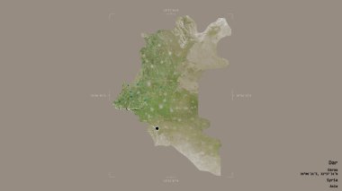 Dar bölgesi, Suriye eyaleti, katı bir arka planda izole edilmiş bir sınır kutusunda. Etiketler. Uydu görüntüleri. 3B görüntüleme