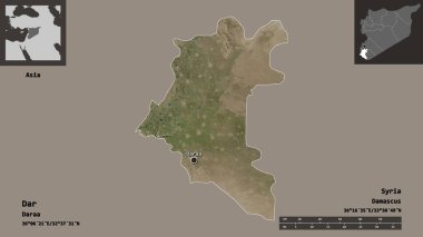Suriye ili ve başkenti Dar 'ın şekli. Uzaklık ölçeği, ön gösterimler ve etiketler. Uydu görüntüleri. 3B görüntüleme