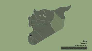 Başkenti, ana bölgesel bölünmesi ve ayrılmış Dayr Az Zawr bölgesi ile Suriye 'nin dejenere edilmiş şekli. Etiketler. Renkli yükseklik haritası. 3B görüntüleme