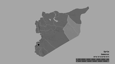 Başkenti, ana bölgesel bölünmesi ve ayrılmış Dayr Az Zawr bölgesi ile Suriye 'nin dejenere edilmiş şekli. Etiketler. Çift seviyeli yükseklik haritası. 3B görüntüleme