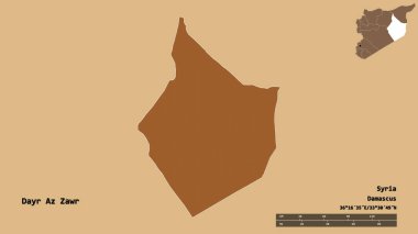 Suriye 'nin Dayr Az Zawr eyaleti, başkenti sağlam arka planda izole edilmiştir. Uzaklık ölçeği, bölge önizlemesi ve etiketleri. Desenli dokuların bileşimi. 3B görüntüleme