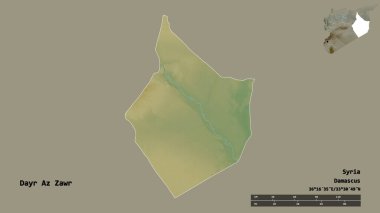 Suriye 'nin Dayr Az Zawr eyaleti, başkenti sağlam arka planda izole edilmiştir. Uzaklık ölçeği, bölge önizlemesi ve etiketleri. Topografik yardım haritası. 3B görüntüleme