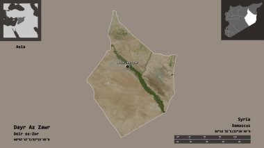 Suriye 'nin Dayr Az Zawr ili ve başkenti. Uzaklık ölçeği, ön gösterimler ve etiketler. Uydu görüntüleri. 3B görüntüleme