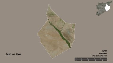 Suriye 'nin Dayr Az Zawr eyaleti, başkenti sağlam arka planda izole edilmiştir. Uzaklık ölçeği, bölge önizlemesi ve etiketleri. Uydu görüntüleri. 3B görüntüleme