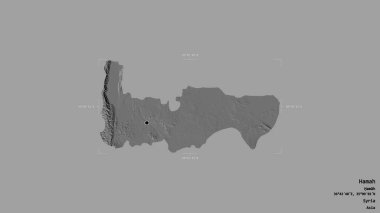 Suriye 'nin Hamah bölgesi, katı bir arka planda izole edilmiş bir sınır kutusunda. Etiketler. Çift seviyeli yükseklik haritası. 3B görüntüleme