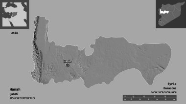 Hamah 'ın şekli, Suriye vilayeti ve başkenti. Uzaklık ölçeği, ön gösterimler ve etiketler. Çift seviyeli yükseklik haritası. 3B görüntüleme