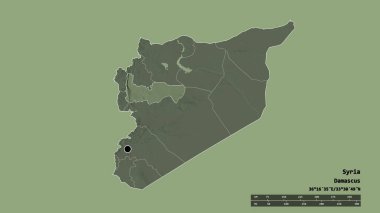 Başkenti, ana bölgesel bölünmesi ve ayrılmış Hamah bölgesiyle birlikte Suriye 'nin dejenere edilmiş şekli. Etiketler. Renkli yükseklik haritası. 3B görüntüleme