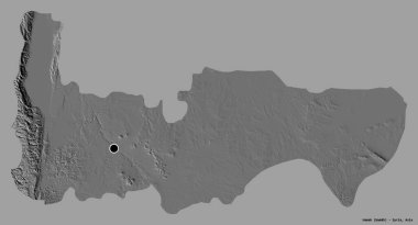 Suriye 'nin Hamah eyaleti, başkenti katı renk arkaplanı ile izole edilmiştir. Çift seviyeli yükseklik haritası. 3B görüntüleme