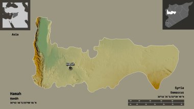 Hamah 'ın şekli, Suriye vilayeti ve başkenti. Uzaklık ölçeği, ön gösterimler ve etiketler. Topografik yardım haritası. 3B görüntüleme