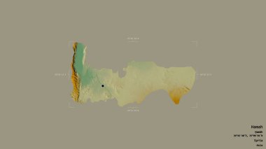 Suriye 'nin Hamah bölgesi, katı bir arka planda izole edilmiş bir sınır kutusunda. Etiketler. Topografik yardım haritası. 3B görüntüleme