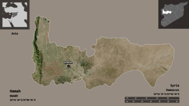 Hamah 'ın şekli, Suriye vilayeti ve başkenti. Uzaklık ölçeği, ön gösterimler ve etiketler. Uydu görüntüleri. 3B görüntüleme