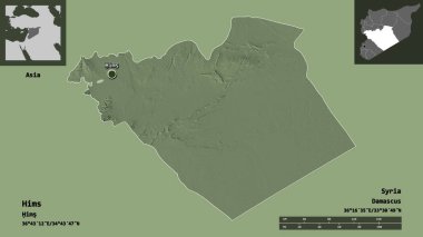 Hims 'in şekli, Suriye vilayeti ve başkenti. Uzaklık ölçeği, ön gösterimler ve etiketler. Renkli yükseklik haritası. 3B görüntüleme