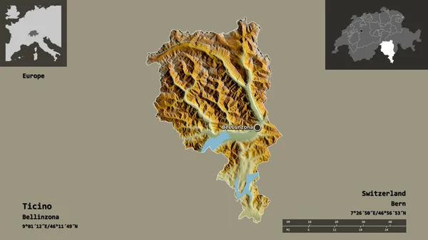 ティチーノの形 スイスの州 およびその首都 距離スケール プレビューおよびラベル 地形図 3Dレンダリング — ストック写真
