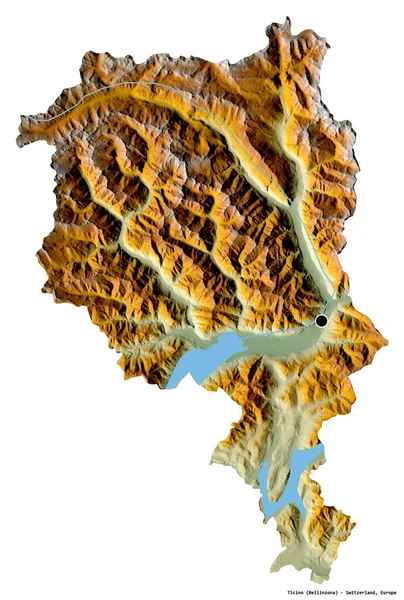 スイスのカントン州ティチーノの形で 首都は白い背景に隔離されています 地形図 3Dレンダリング — ストック写真