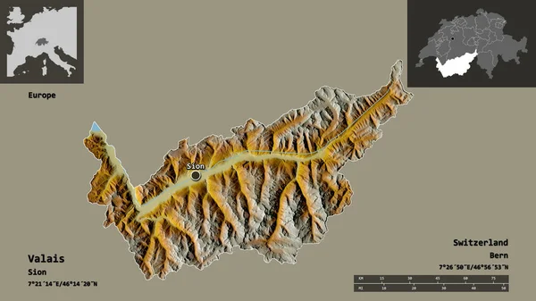 Valais 'in şekli, İsviçre kantonu ve başkenti. Uzaklık ölçeği, ön gösterimler ve etiketler. Topografik yardım haritası. 3B görüntüleme