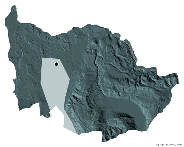 スイスのカントン州ツークの形で 首都は白い背景に隔離されています 色の標高マップ 3Dレンダリング — ストック写真