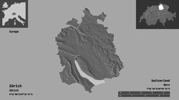 Forma Zurigo Cantone Della Svizzera Sua Capitale Scala Distanza Anteprime — Foto Stock