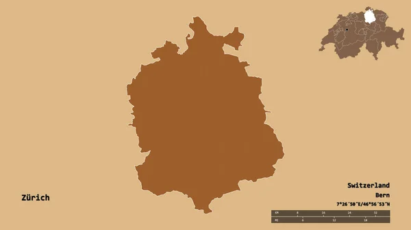 スイスの州 チューリッヒの形で その首都はしっかりとした背景に隔離されています 距離スケール リージョンプレビュー およびラベル パターン化されたテクスチャの構成 3Dレンダリング — ストック写真