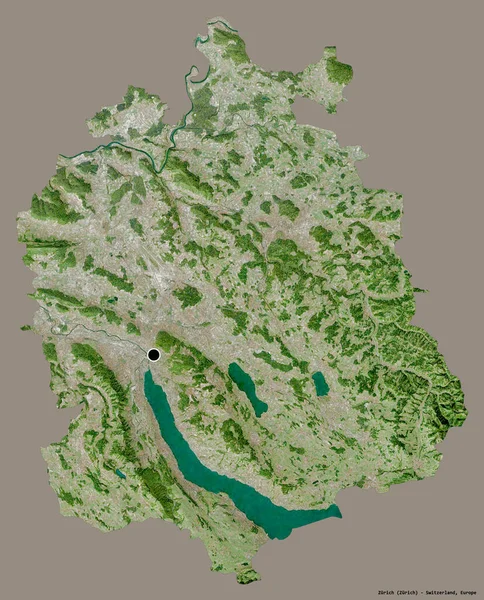 瑞士苏黎世州的形状 其首都被隔离在一个坚实的色彩背景上 卫星图像 3D渲染 — 图库照片
