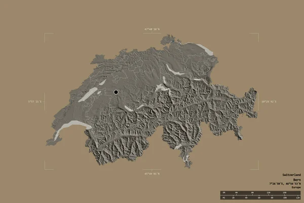 瑞士的一个区域在一个地理参照框的坚实背景上被隔离 主要区域分部 距离标度 彩色高程图 3D渲染 — 图库照片