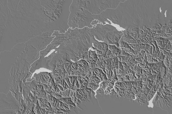 国の概要 国際および地域の国境とスイスの拡張領域 標高マップ 3Dレンダリング — ストック写真