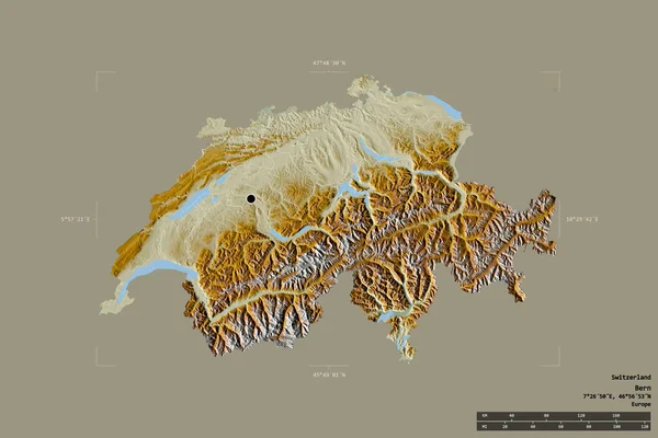 Area of Switzerland isolated on a solid background in a georeferenced bounding box. Main regional division, distance scale, labels. Topographic relief map. 3D rendering