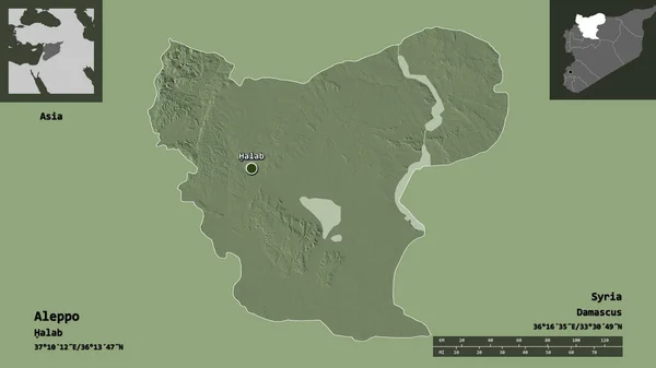 叙利亚省阿勒颇的形状及其首都 距离刻度 预览和标签 彩色高程图 3D渲染 — 图库照片