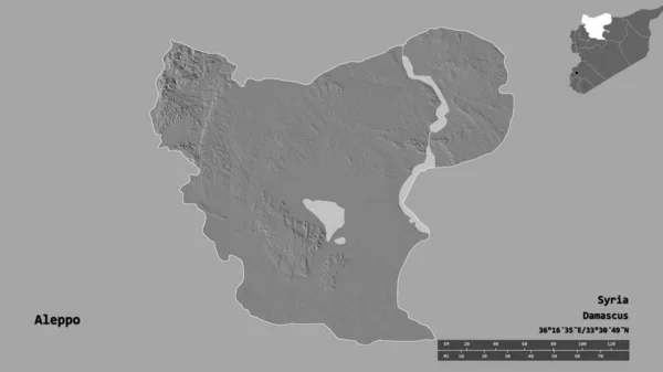 叙利亚省阿勒颇的形状 其首都孤立在坚实的背景下 距离尺度 区域预览和标签 Bilevel高程图 3D渲染 — 图库照片