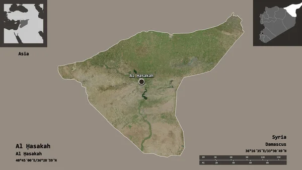 シリアの州アル ハサカとその首都の形 距離スケール プレビューおよびラベル 衛星画像 3Dレンダリング — ストック写真