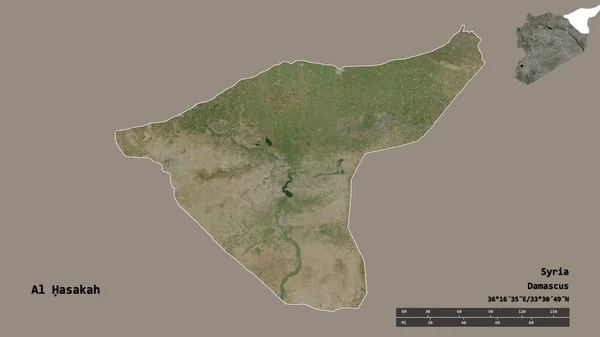シリアの州 ハサカの形は その資本がしっかりとした背景に隔離されています 距離スケール リージョンプレビュー およびラベル 衛星画像 3Dレンダリング — ストック写真