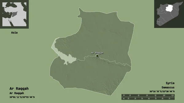 アルラッカ シリアの州とその首都の形状 距離スケール プレビューおよびラベル 色の標高マップ 3Dレンダリング — ストック写真