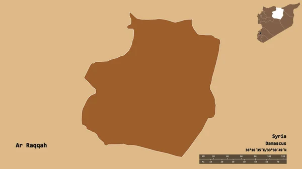 叙利亚省拉卡的形状 其首都在坚实的背景下被孤立 距离尺度 区域预览和标签 图形纹理的组成 3D渲染 — 图库照片