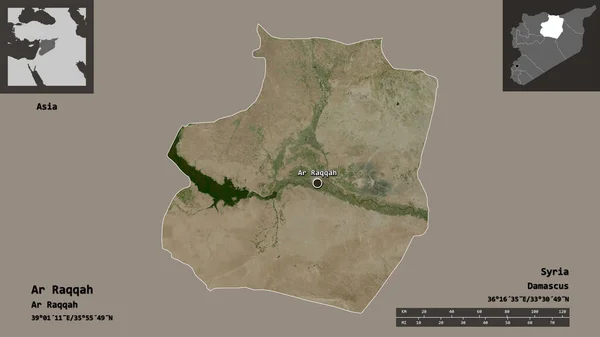 アルラッカ シリアの州とその首都の形状 距離スケール プレビューおよびラベル 衛星画像 3Dレンダリング — ストック写真