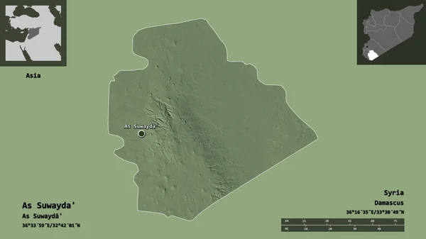 苏韦达的形状 叙利亚的省 和它的首都 距离刻度 预览和标签 彩色高程图 3D渲染 — 图库照片
