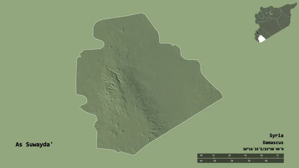 叙利亚省As Suwayda的形状 其首都在坚实的背景下与世隔绝 距离尺度 区域预览和标签 彩色高程图 3D渲染 — 图库照片