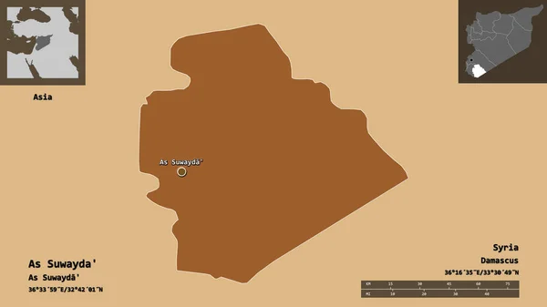 苏韦达的形状 叙利亚的省 和它的首都 距离刻度 预览和标签 图形纹理的组成 3D渲染 — 图库照片