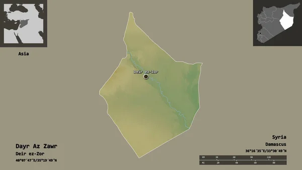 シリアの州であるDayr Zawrとその首都の形 距離スケール プレビューおよびラベル 地形図 3Dレンダリング — ストック写真