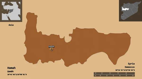 ハマーの形 シリアの州とその首都 距離スケール プレビューおよびラベル パターン化されたテクスチャの構成 3Dレンダリング — ストック写真