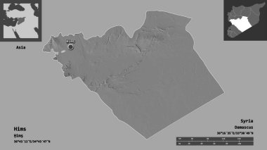 Hims 'in şekli, Suriye vilayeti ve başkenti. Uzaklık ölçeği, ön gösterimler ve etiketler. Çift seviyeli yükseklik haritası. 3B görüntüleme