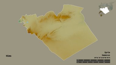 Başkenti sağlam bir zemin üzerinde izole edilmiş Hims, Suriye eyaleti. Uzaklık ölçeği, bölge önizlemesi ve etiketleri. Topografik yardım haritası. 3B görüntüleme