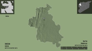 Suriye ili ve başkenti Idlib 'in şekli. Uzaklık ölçeği, ön gösterimler ve etiketler. Renkli yükseklik haritası. 3B görüntüleme