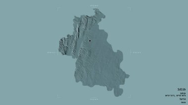 Suriye 'nin Idlib bölgesi, katı bir arka planda izole edilmiş bir sınır kutusunda. Etiketler. Renkli yükseklik haritası. 3B görüntüleme