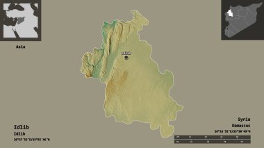 Suriye ili ve başkenti Idlib 'in şekli. Uzaklık ölçeği, ön gösterimler ve etiketler. Topografik yardım haritası. 3B görüntüleme