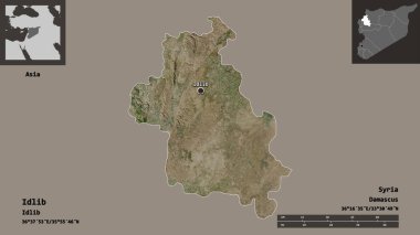 Suriye ili ve başkenti Idlib 'in şekli. Uzaklık ölçeği, ön gösterimler ve etiketler. Uydu görüntüleri. 3B görüntüleme