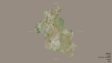 Suriye 'nin Idlib bölgesi, katı bir arka planda izole edilmiş bir sınır kutusunda. Etiketler. Uydu görüntüleri. 3B görüntüleme