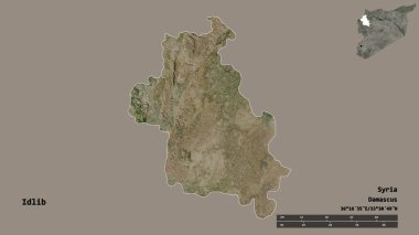 Suriye 'nin Idlib eyaleti, başkenti sağlam bir zemin üzerinde izole edilmiştir. Uzaklık ölçeği, bölge önizlemesi ve etiketleri. Uydu görüntüleri. 3B görüntüleme
