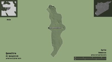Suriye ili ve başkenti Quneitra 'nın şekli. Uzaklık ölçeği, ön gösterimler ve etiketler. Renkli yükseklik haritası. 3B görüntüleme