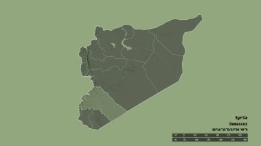 Başkenti, ana bölgesel bölümü ve ayrılmış Rif Dimashq bölgesi ile Suriye 'nin dejenere edilmiş şekli. Etiketler. Renkli yükseklik haritası. 3B görüntüleme