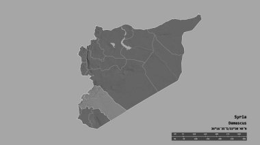 Başkenti, ana bölgesel bölümü ve ayrılmış Rif Dimashq bölgesi ile Suriye 'nin dejenere edilmiş şekli. Etiketler. Çift seviyeli yükseklik haritası. 3B görüntüleme